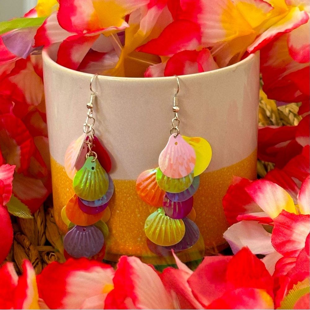 NWOT Dangle Multicolor Seashell Earrings! Pink, green, purple, white, orange!